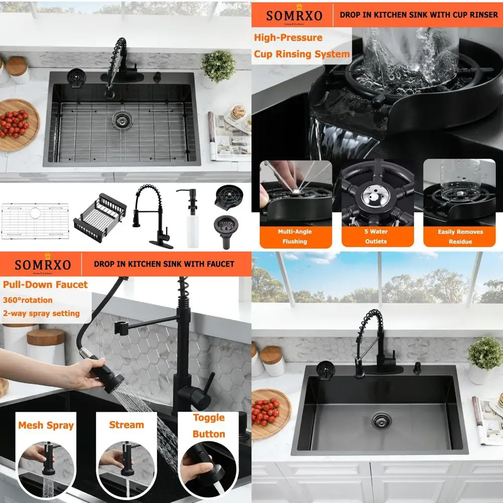 

Комбинированный набор кухонной мойки и смесителя с одной чашей из нержавеющей стали, 33 x 22, черный, с 9 глубокими чашами и шайбой для чашек