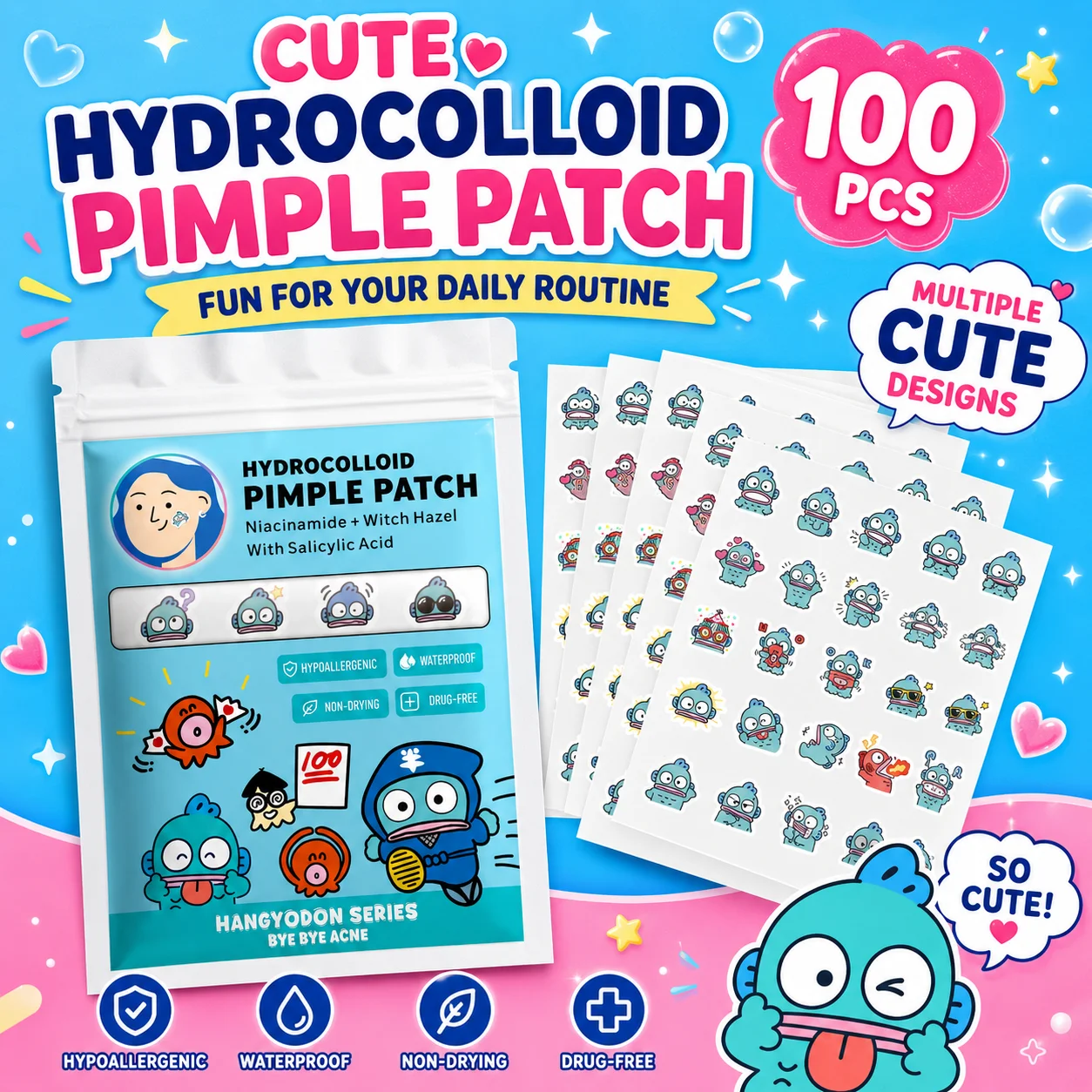 Sanrio Acne Pimple Patches, Hydrocolloid Spot Cover Stickers, Cute Face Care Patches for Daily Use