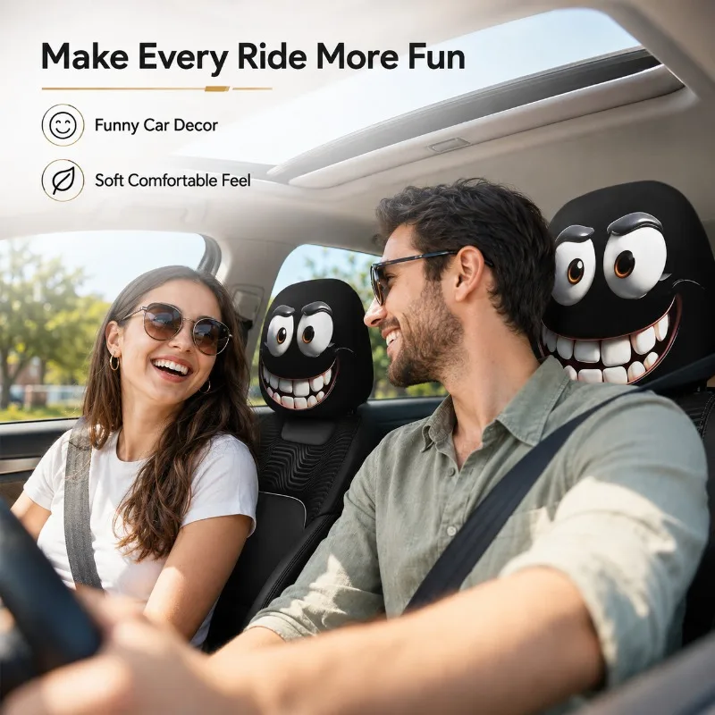 2PCS Smiley Face Car Headrest Covers Soft Polyester Seat Pillowcases Washable Decorative Auto Interior Accessories Universal Fit
