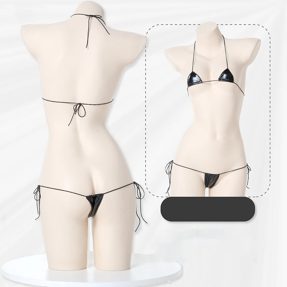 Soutien-gorge Bikini en cuir verni pour femmes, Lingerie Sexy, fesses exposées, string respirant, Look mouillé, séchage rapide, col licou, érotique, à lacets