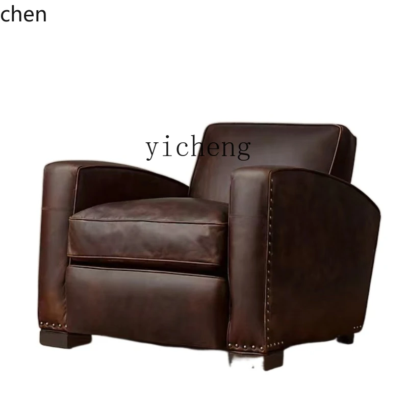 YFY Genuine Leather Armchair Reception Solid Wood Full Leather Leisure Chair Classical High-Grade Wingback Chair