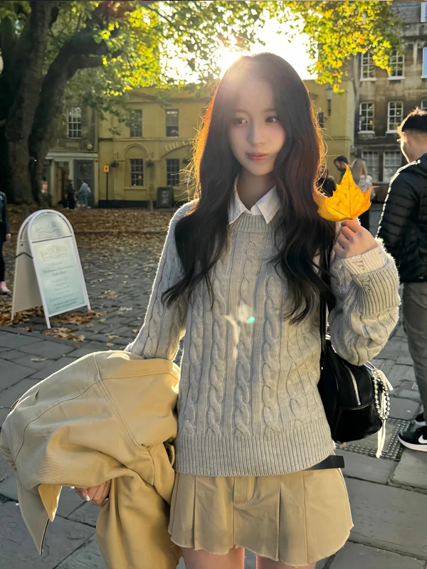 

Loose Fit Grey Knitted Sweater Women's Autumn Winter New Style Korean College Style Comfortable Soft round Neck Long Sleeve Top