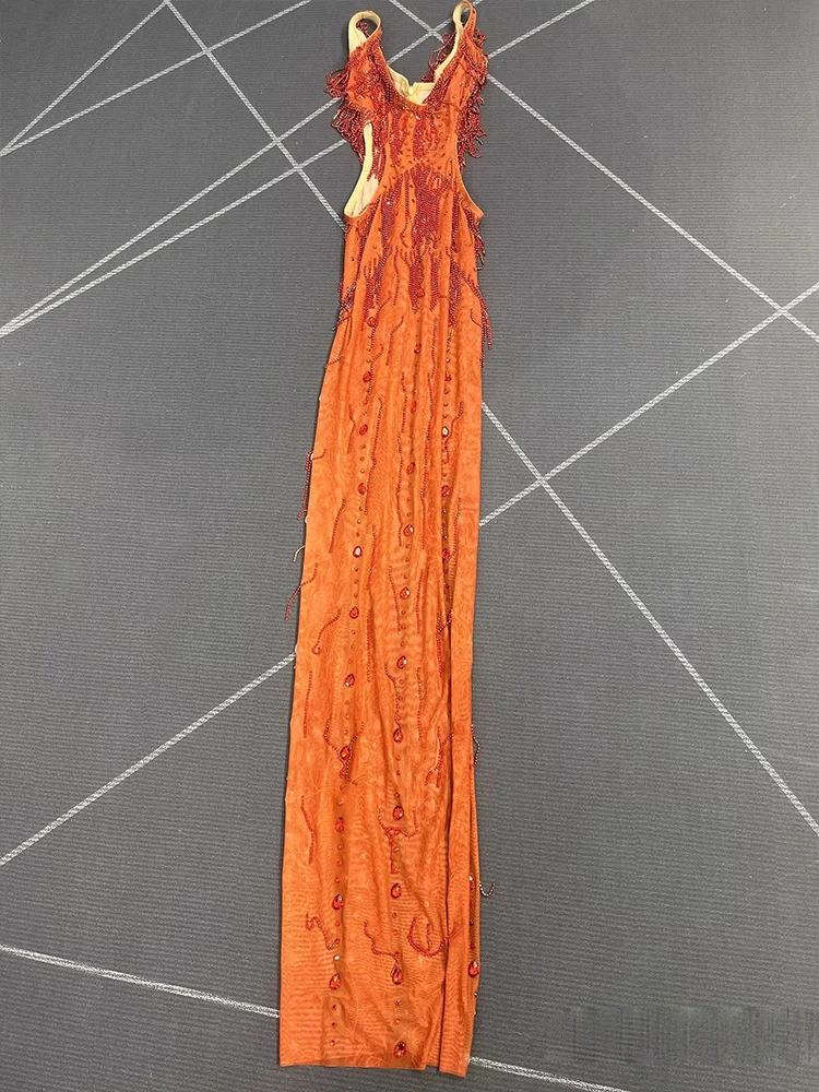 Vestido elástico con tirantes huecos y borlas con estampado en caliente de alta calidad, ropa personalizada para mujer, nueva moda 2025