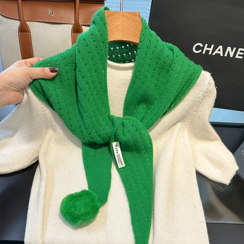 

Шерстяной и кашемировый женский вязаный треугольный шарф, съемный комочек волос, дизайнерский корейский стиль, длинная шаль с лентой, шейный платок, роскошный