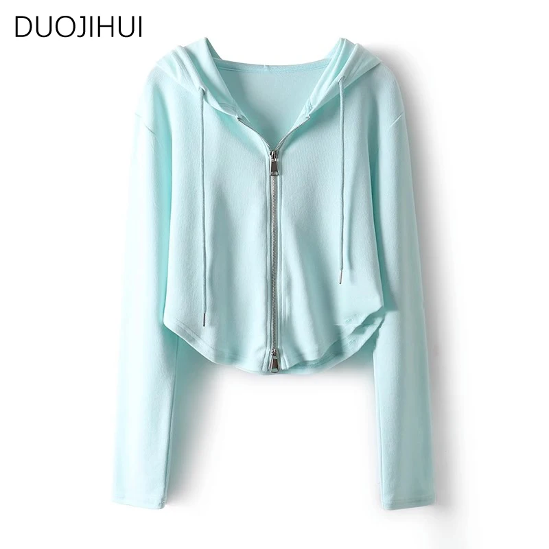 DUOJIHUI Light Grey Basic Hooded Chicly Drawstring Women Hoodies Spring Fashion Zipper Simple Solid Color Casual Female Hoodies