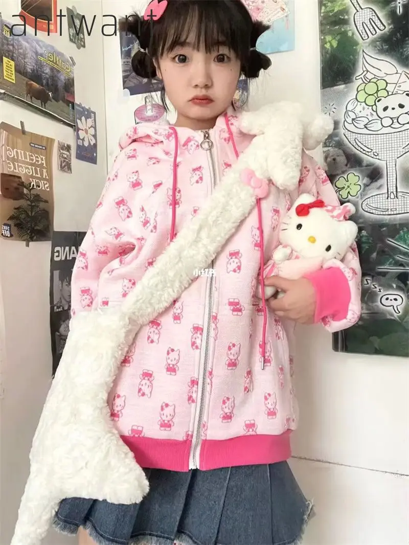 Hello Kitty Cute Pajamas Anime Pure Cotton American Style Cute Kt Cat Padded Thickened Hood Loose Sanrio Comfortable and Warm