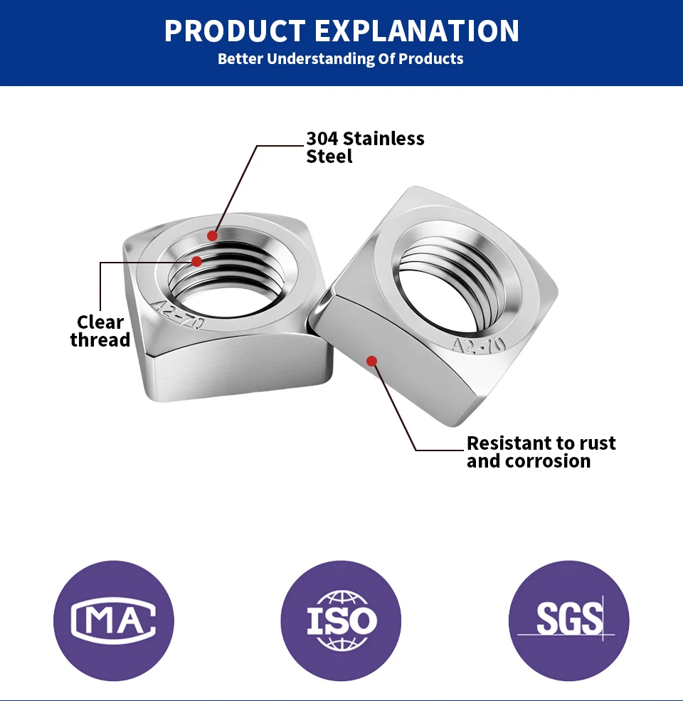 DIN557 Vierkantmuttern 304 Edelstahl M3 M4 M5 M6 M8 M10 M12 Vierseitige Muttern für industrielle Befestigungen – Detail 2