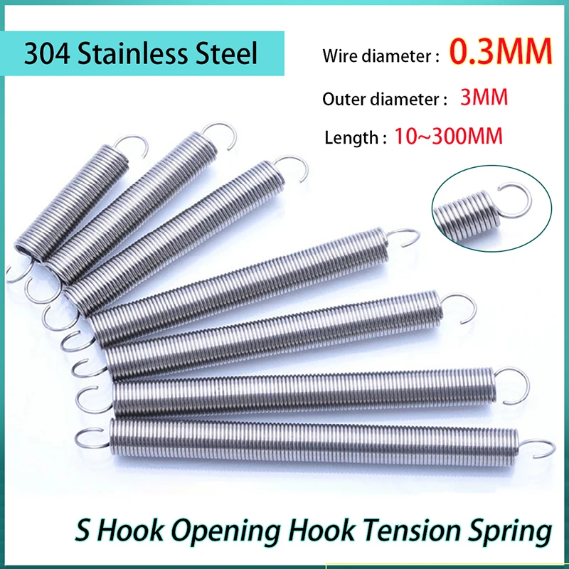 304 Stainless Steel S-shaped Open Hook Tension Spring  Pullback Extension Expansion Spring Wire Dia 0.3MM OD 3MM L: 10~300MM