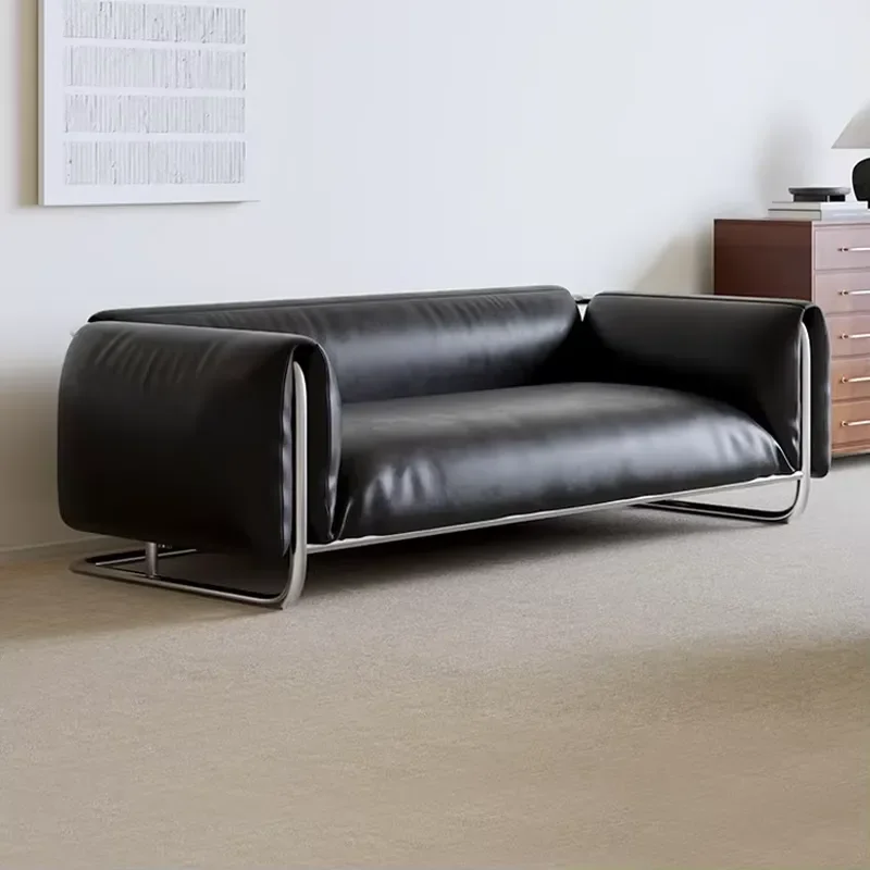 Sofa Retro Styleblack Stainless Steel Bauhaus Sofa, Antique Stylelight Three Person Leather Art Living Room Sofa