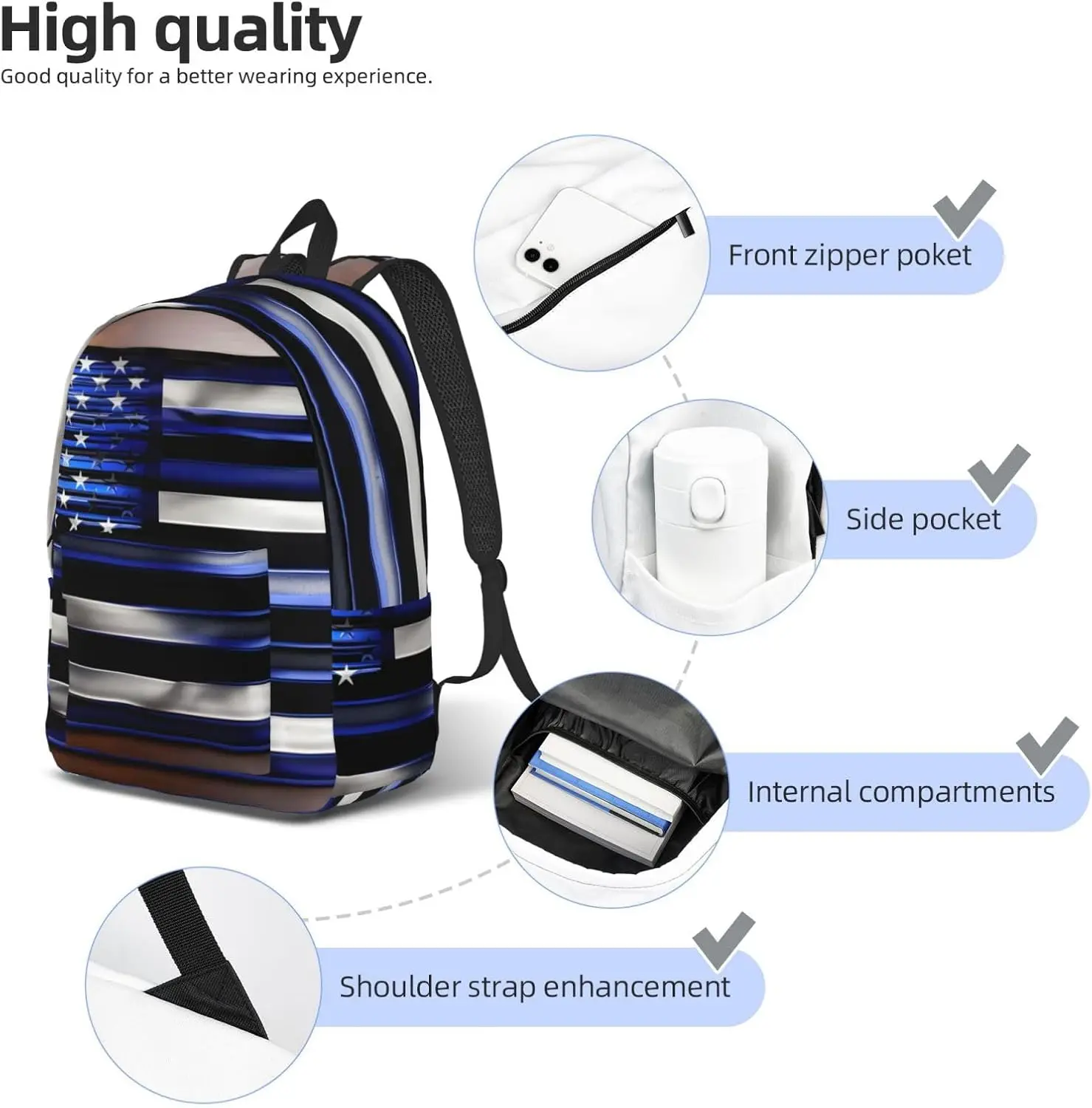 American Thin Blue Line Flag Print Stylish Canvas Backpack,Travel Backpack With Pockets,For Hiking And Daily Use
