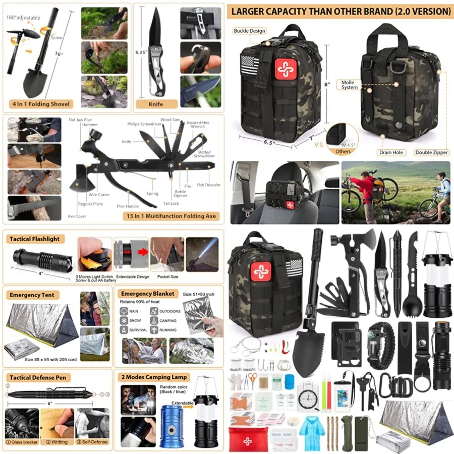 Survival Kit, 250Pcs Survival Gear First Aid Kit with Molle System Compatible Bag and Emergency Tent, Emergency Kit for Earthqu