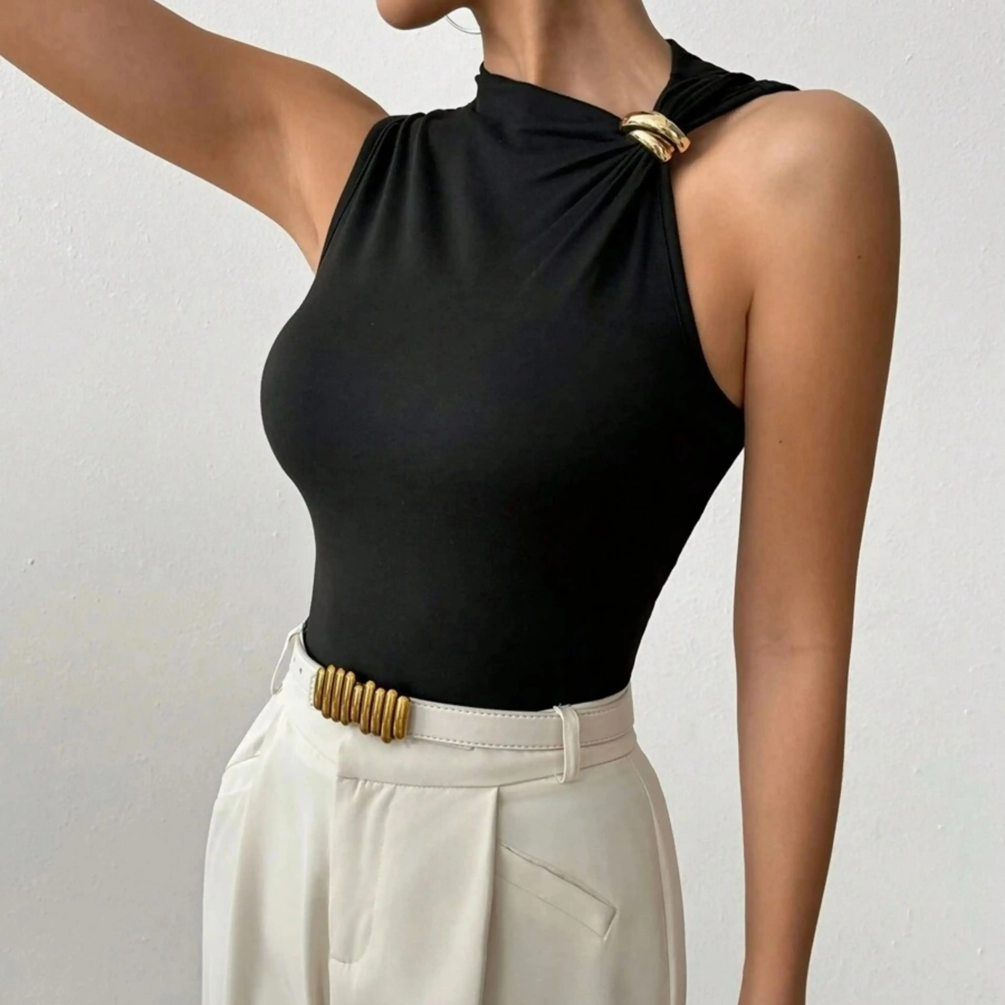Ladies Fashion Commute Black Knitted Vest Top with Metal Buckle Decorated Pleats Simple Slimming Elegant Shirt image 4