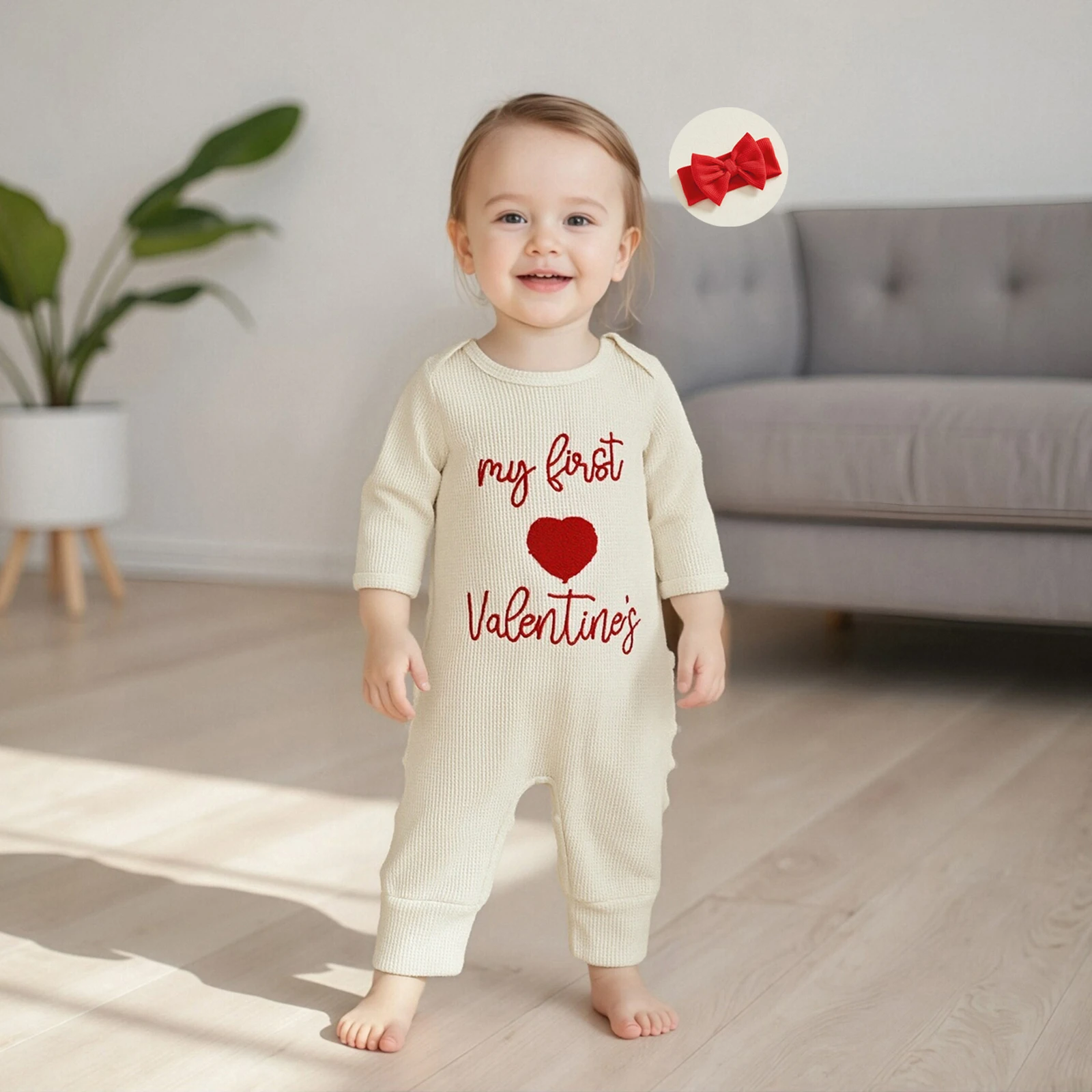 

Baby Girls Valentines Day Romper Cute Letters Heart Embroidery Long Sleeve Jumpsuit with Headband Newborn Clothes