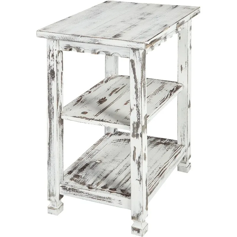 

Rustic Cottage End Table w/ 2 Shelves - White Antique, 15in x 10in x 27in - Living Room Furniture - Made of Selected Hardwoods