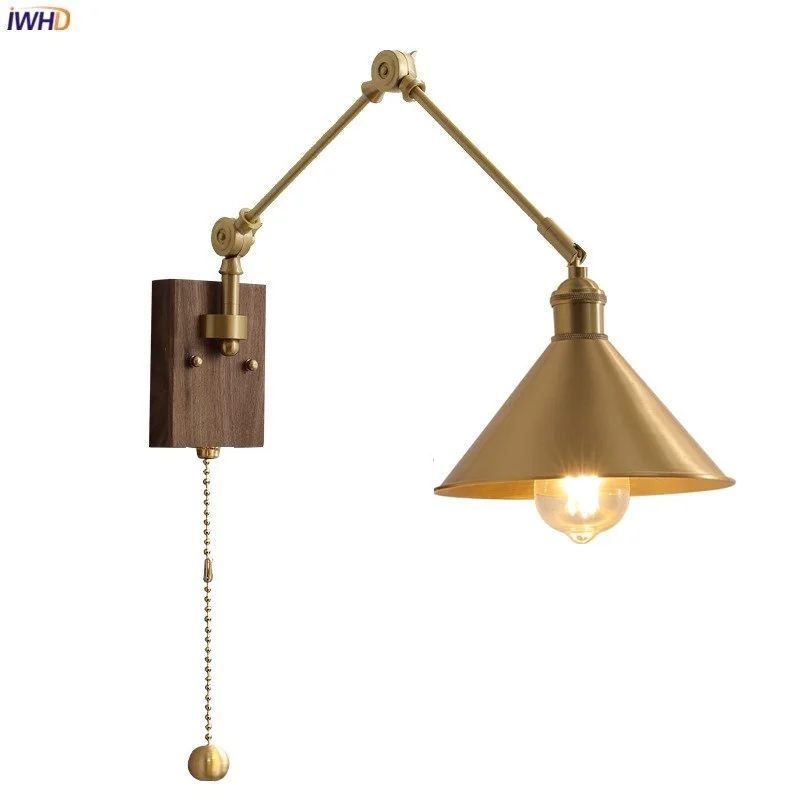 IWHD Pull Chain LED Interior Wall Light Fixtures Home Indoor Lighting Up And Down Adjustable Copper Arm Wandlamp Beside Lamp