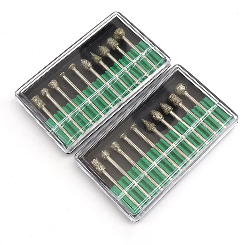 10Pcs Diamond Grinding Bits Set With 3mm Shank Polishing Head Abrasive Burrs Mounted Point Drill Grit 46 For Dremel Rotary Tools