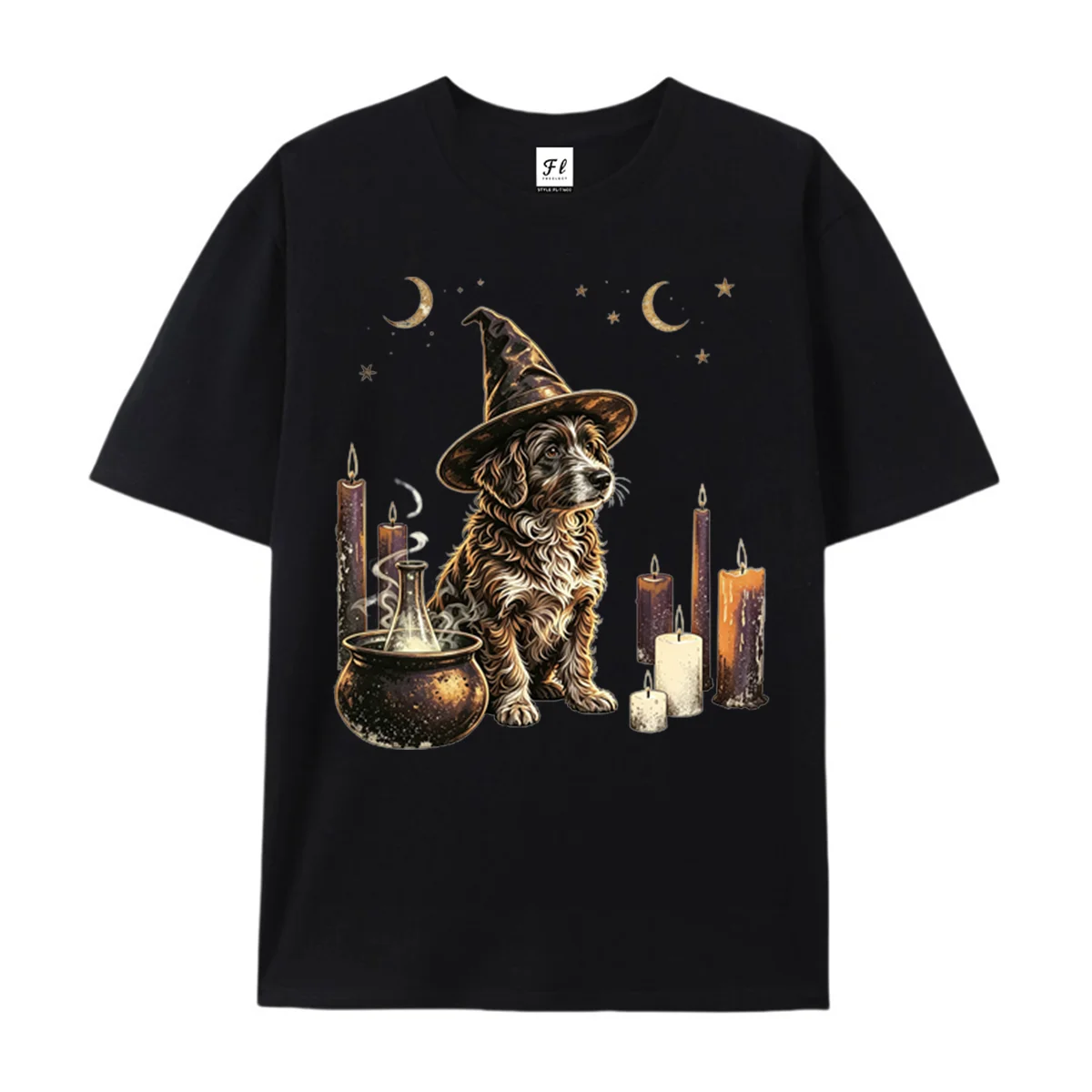 Witch Dog Halloween Tee Magic Cauldron Candle Moon Star Graphic T‑Shirt Crew Neck Short Sleeve Cotton Top For Men Women
