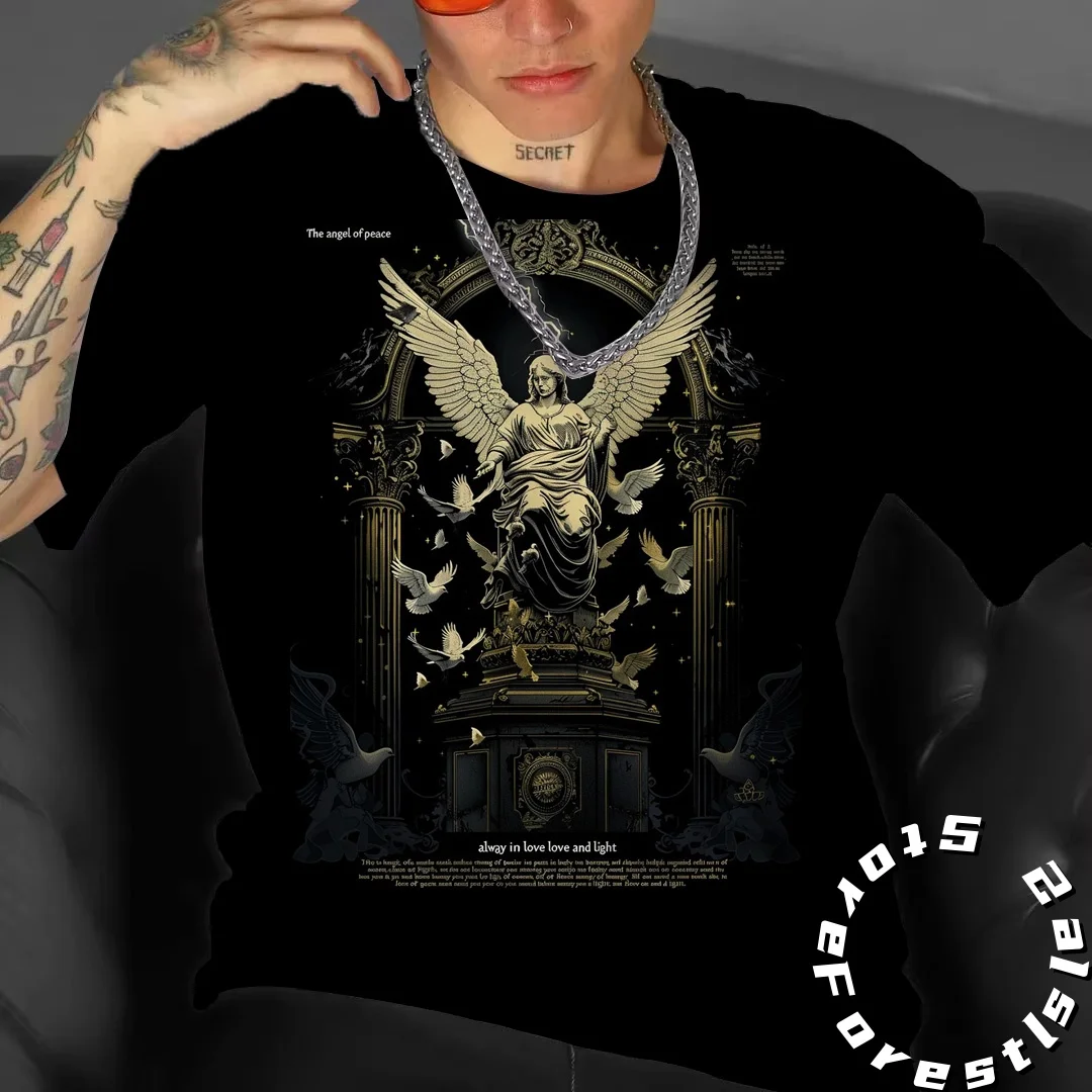 

Модная тенденция с принтом Angel Peace Hope, мужская футболка в американском стиле в стиле хип-хоп с коротким рукавом, повседневный универсальный мужской летний топ