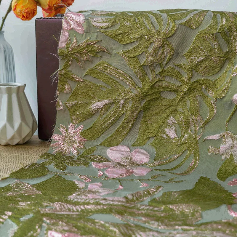 Turquoise Gold Silk Jacquard Embossed Crinkle Fabric Floral Dress Material Bridal Wedding DIY Decor Party Apparel Craft Supplies