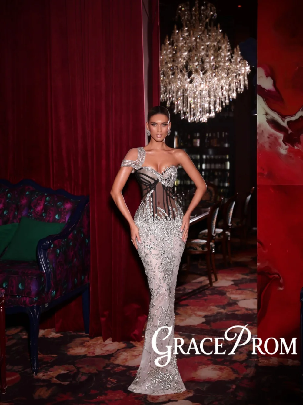 

Captivating Silver Crystal Evening Dress Modern One Shoulder Mermaid Wedding Party Gown Customized Opulent Long Red Carpet Gowns