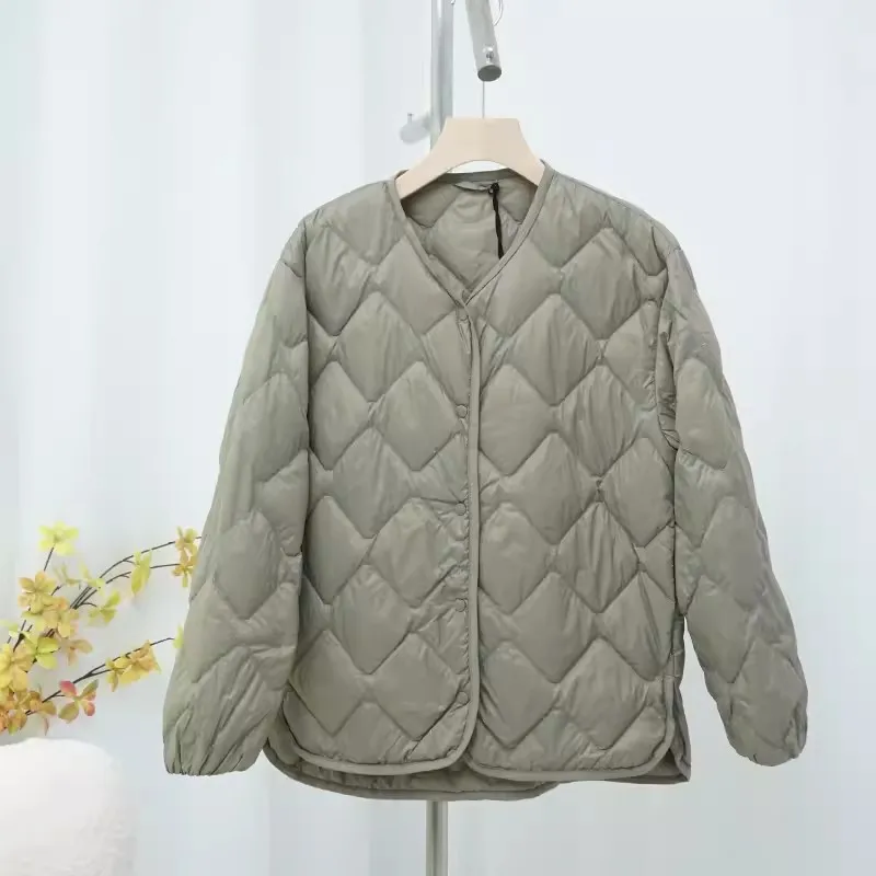 Autumn Winter Light Thin White Duck Down Coat Women Single Breasted Bigsize Down Jacket Female V Neck Short Warm Puffer Parkas