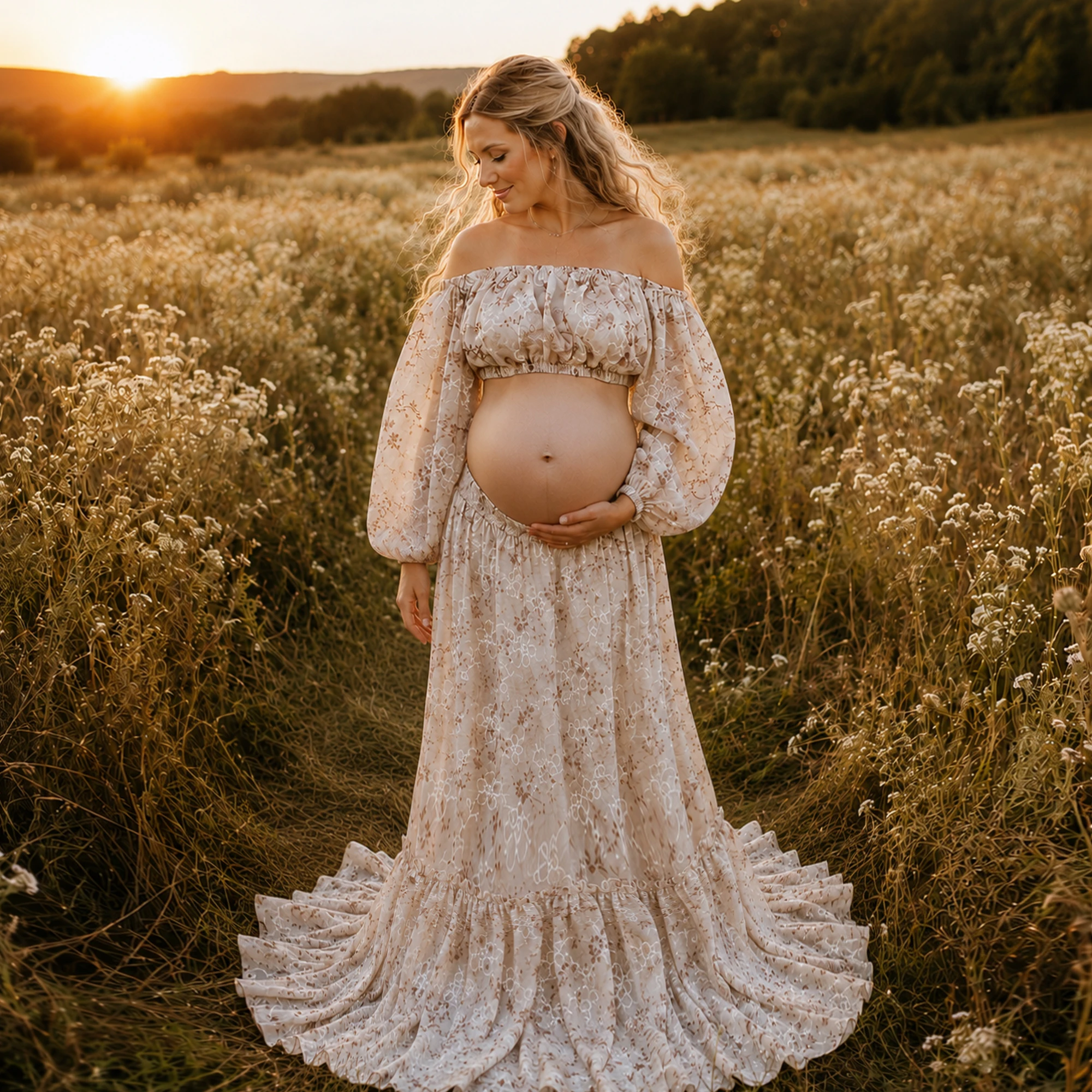 Don&Judy Metallic Thread Floral Embroidered Strapless Two-Piece Set Dress Maternity Photoshoot Gown Maternity Dress Photoshoot