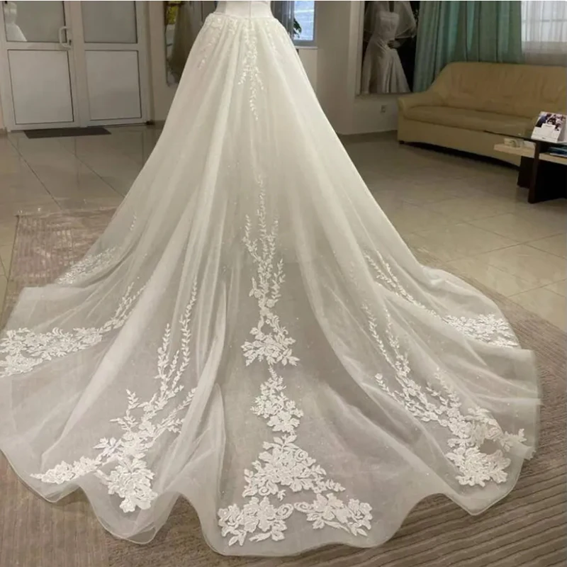 

Lace Appliques Detachable Train Tulle Wedding Removable Skirt For Dresses Luxury Boho Bridal Overskirt