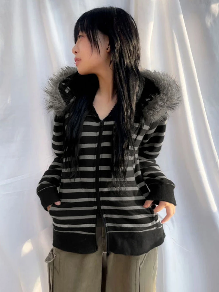 Y2k Korean Fashion Striped Hoodies Women Fur Patchwork Casual Loose Hooded Coat Grunge Double Zippers Sweatshirts Hoody Jacket