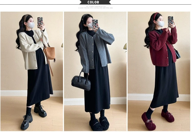 Maternity Suit 2026 Spring Autumn Retro Elegant Temperament Long Sleeve Dress And Knitted Cardigan Two Piece Set For Pregnancy