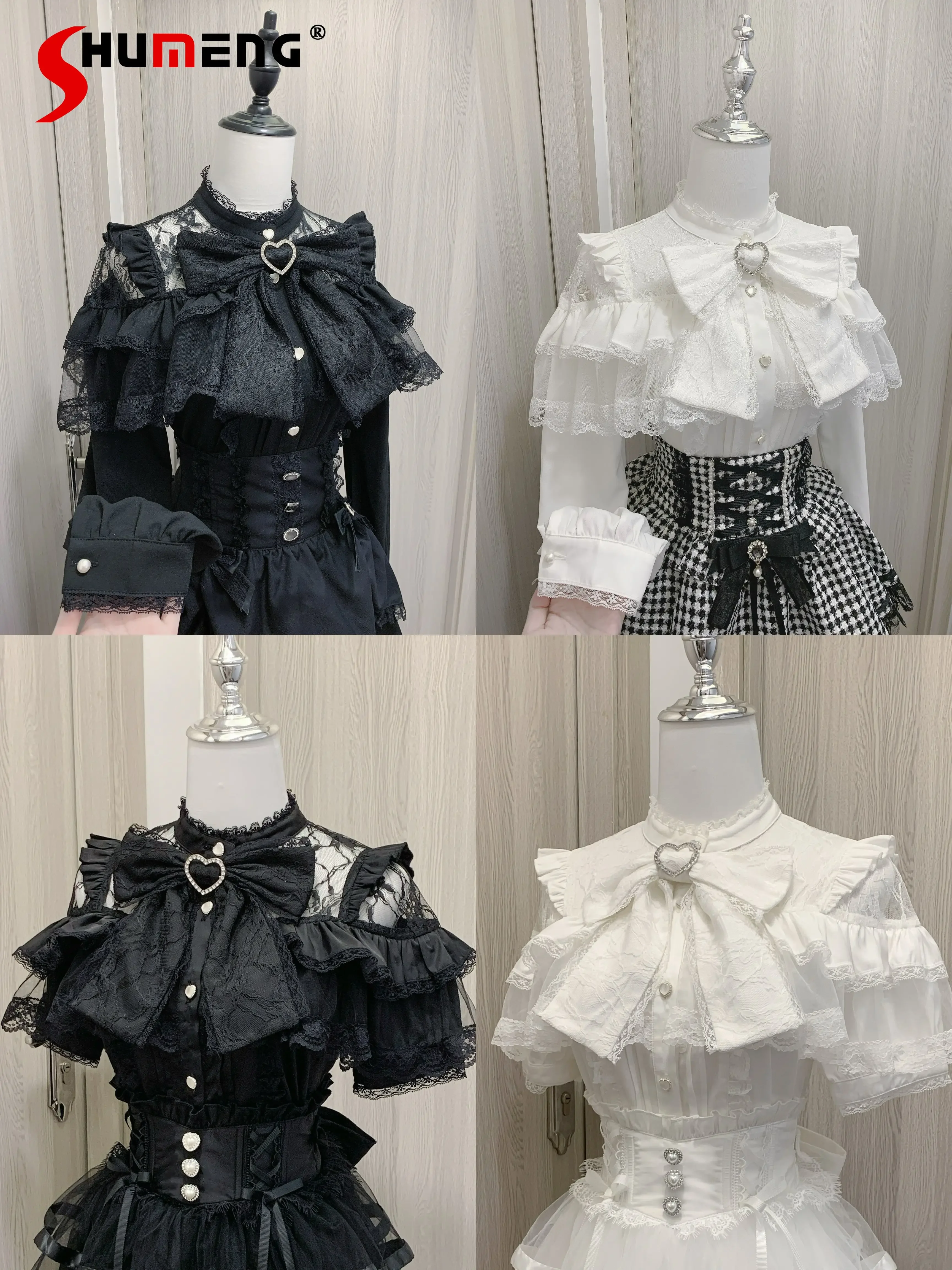 

Japanese Style Mine Mass- Produced Lace Long-Sleeved Shirt Sweet Girl Bow Cute Kawaii Blouse Lolita Tops Skirt Spring Autumn