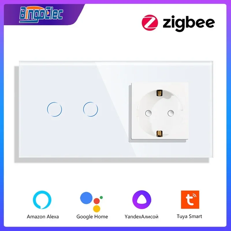 Bingoelec Zigbee Switch Crystal Glass Panel Socket with Switch Tuya Smart Alexa 4 Color Smart Home Improvement