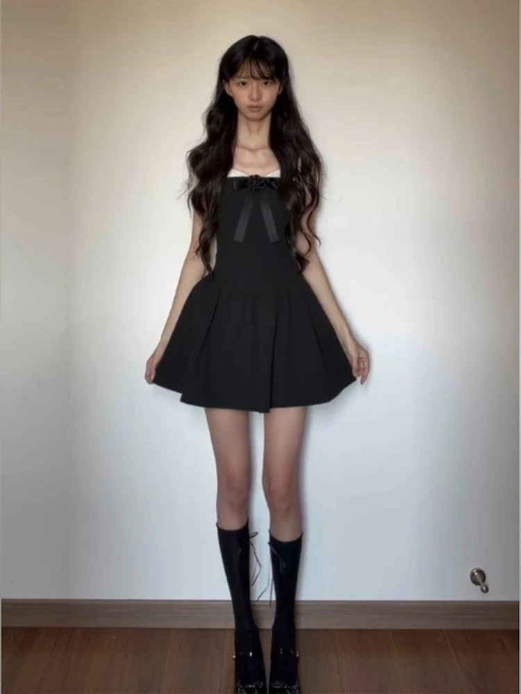 

SYJ Shuyijia Black A-Line Dress with Sash And Shoulder Bows Women's Fashion Spring Summer Casual Party Dresses