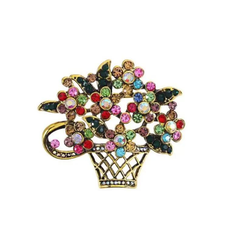 خمر الملونة حجر الراين سلة للزهور دبابيس النساء الجمال تألق زهرة بروش حفل زفاف مأدبة مجوهرات عادية هدية #1