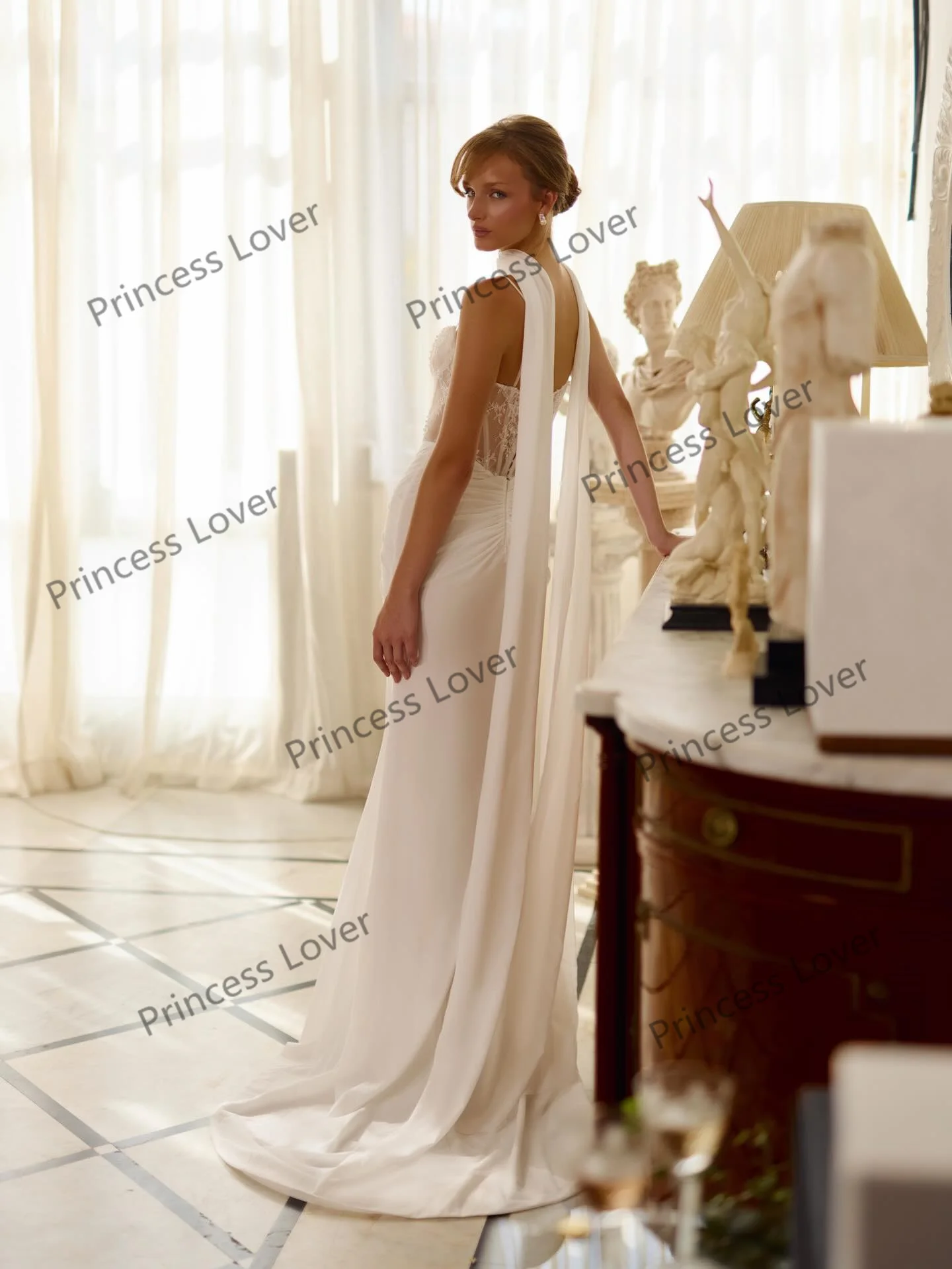 Mermaid Wedding Dresses Spaghetti Straps Lace Corset Vestido de Novia with Scarf Customized Pleat Split Vestidos