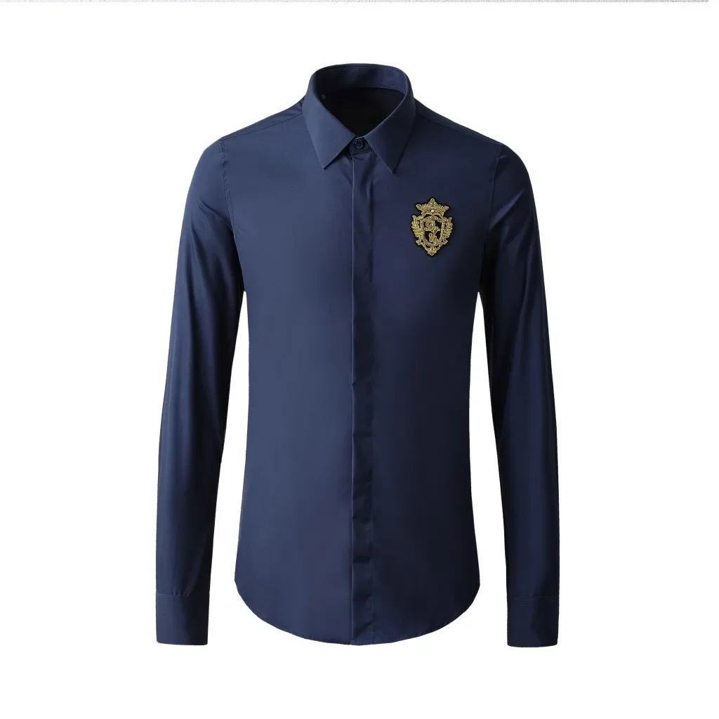 Autumn and winter European and American style gold crown badge long sleeved men\'s shirt trendy brand shirt