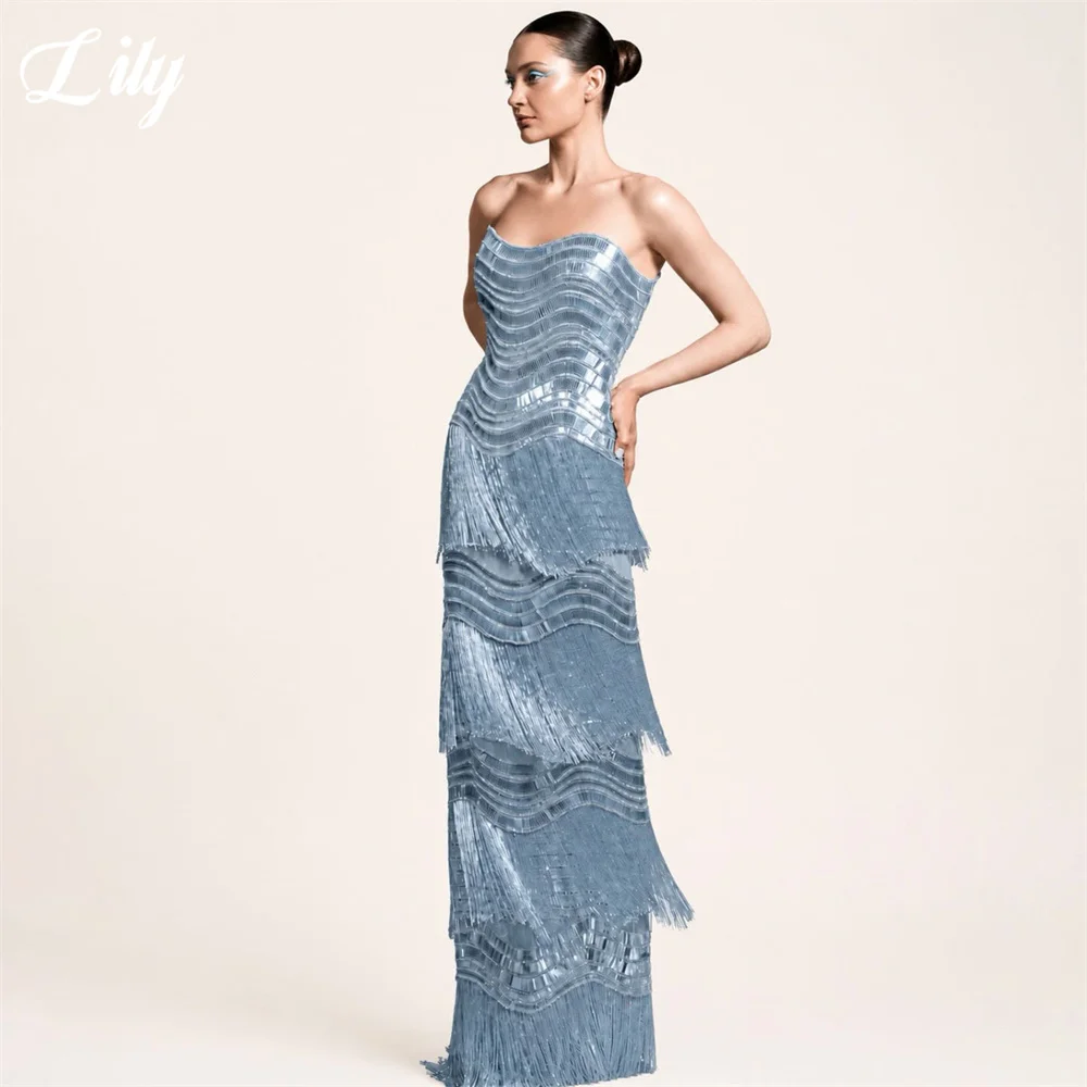 Lily Dusty Blue Strapless Prom Dress with Beaded Formal Dresses Tiered Tassel Mermaid Evening Dresses for Wedding Customized