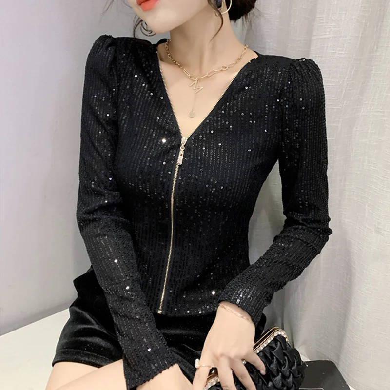 #4229 Silver Black Gold Shiny Sequined T Shirt Women With Zipper Sexy T-shirt Femme Long Sleeved Slim Sexy Short T Shirt V-Neck