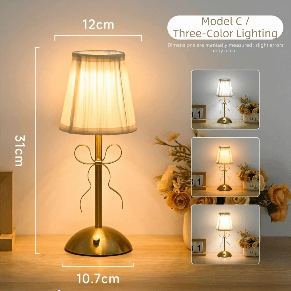 French Style Bow Table Lamp 3-color Changing Type-C Rechargeable Rechargeable Small Lamp Wireless Luxury