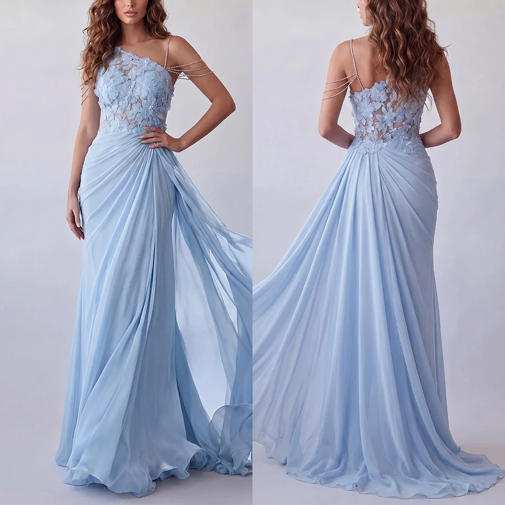 Customized One Shoulder Blue Sleeveless Flowers Beaded Elegant Dress Women for Wedding Party Vestidos Para Bodas Mujer Invitada