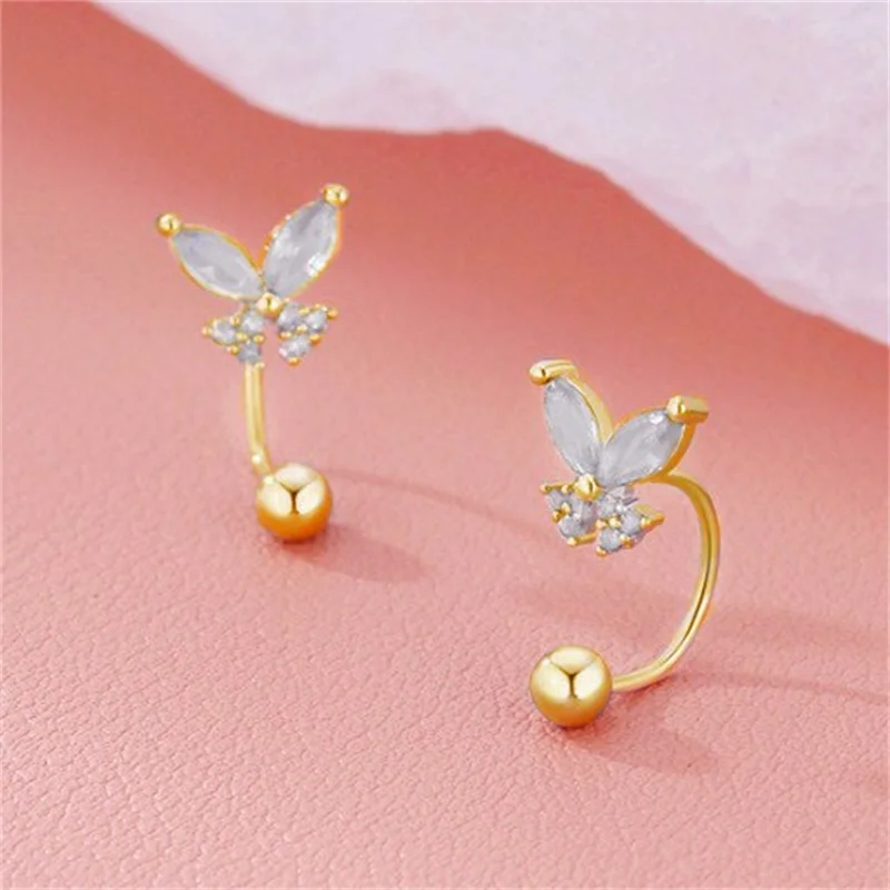 2PCS Elegant Butterfly Screw Stud Earrings, Shiny Zircon