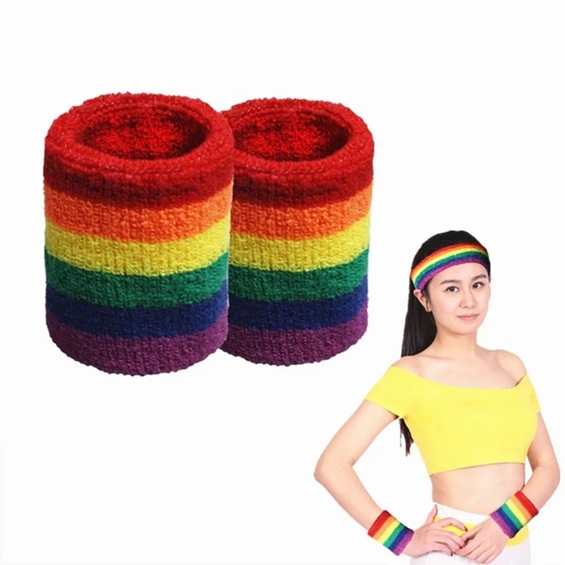 Rainbow Color Soft Wrist Bands Sport Sweatband Hand Band Sweat Wrist Support Brace Wraps Guards Stretch Headband Hair Band