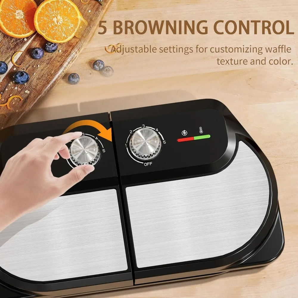 صانعة الوافل المزدوجة مقاس 6 بوصات، للإفطار والوجبات الخفيفة، مكواة الوافل من الفولاذ المقاوم للصدأ مع ألواح غير لاصقة، ومقابض تعمل باللمس البارد