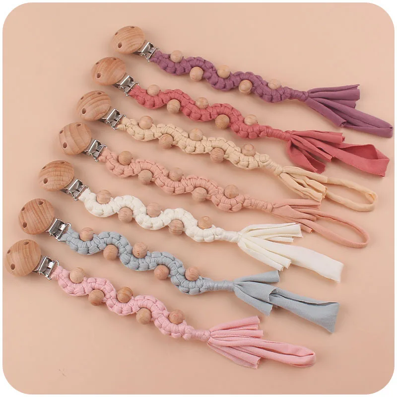 Vintage Crochet Baby Pacifier Clip Chain Woven Cotton Rope Beech Wood Pacifier Clip DIY Dummy Nipple Holder Baby Teething Toy