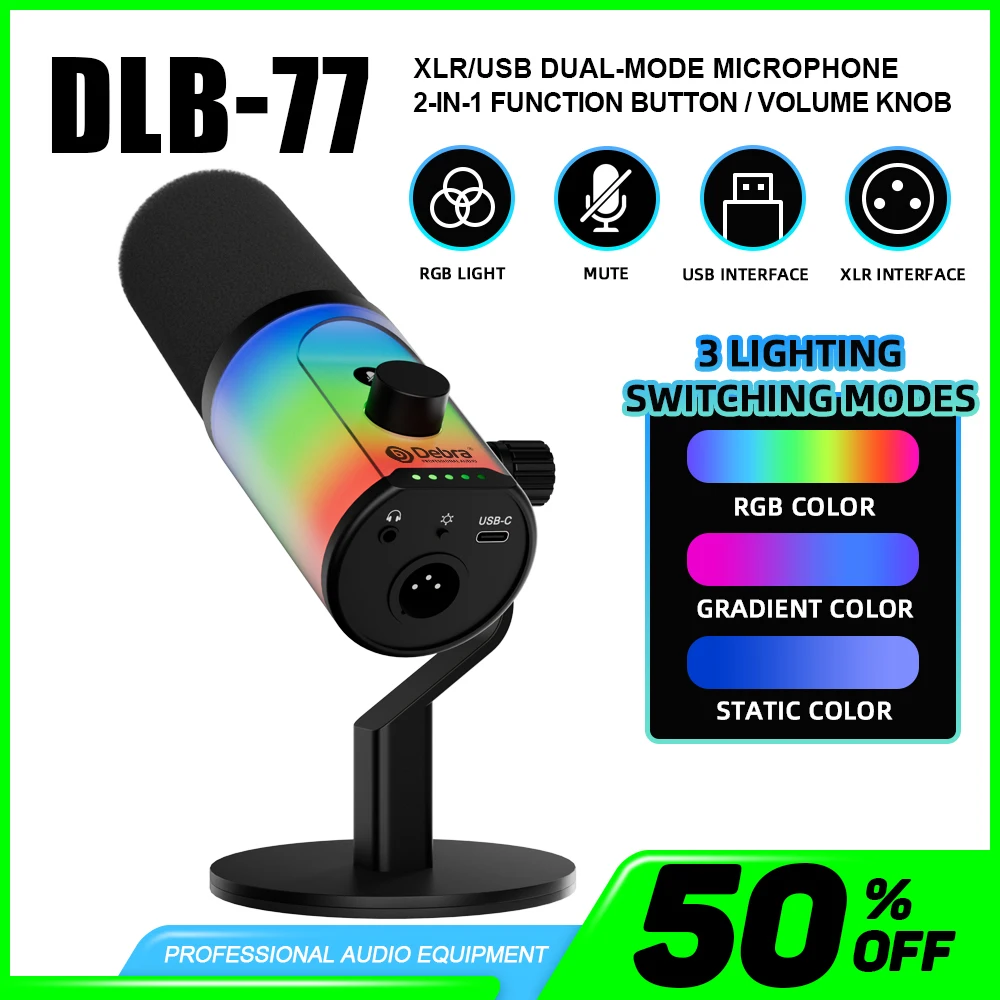 Профессиональный динамический микрофон USB XLR с RGB-подсветкой, 3 режима записи, кардиоидный конденсаторный микрофон для потоковой передачи Podcast Recordi Профессиональный динамический микрофон USB XLR с RGB-подсветкой, 3 режима записи, кардиоидный конденсаторный микрофон для потоковой передачи Podcast Recordi