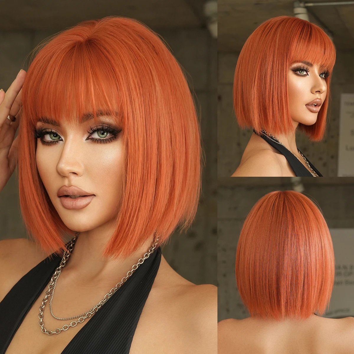 

NAMM New Fashion Short Straight Orange Wig Natural Looking High Quality Fiber Synthetic Wig for Women Daily Music Party Wear Use