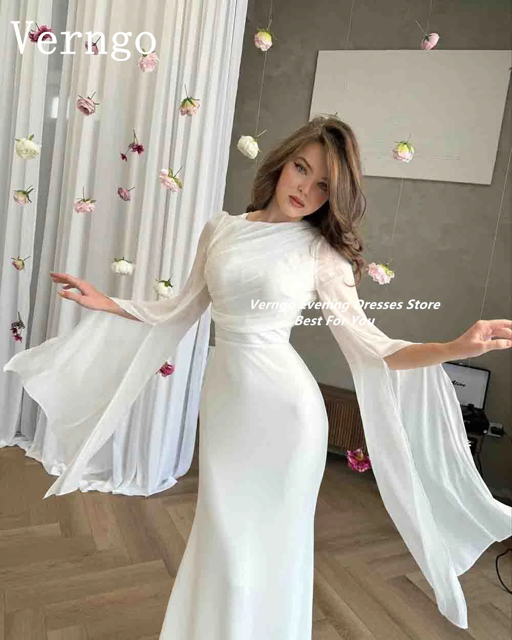 Verngo lvory Chiffon Eveing Dress Full Sleeves Mermaid Prom Gowns For Women Dubai Formal Occasion Dress