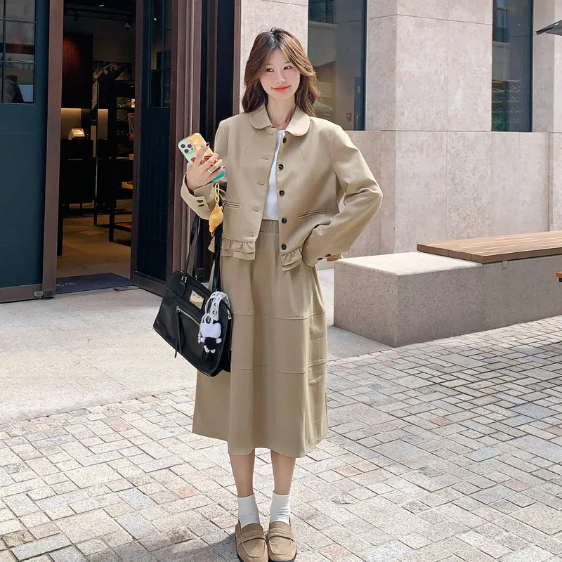 Korean version retro lapel collar single breasted pleated short cardigan jacket+loose casual half skirt women's autumn set
