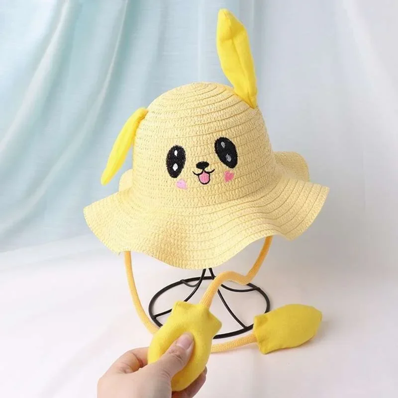 Rabbit Ear Sunshade Straw Hat Children Sun Hat Summer Sunscreen Ear Moving Bunny Hat Cosplay Party Holiday Hats 4-12 Years