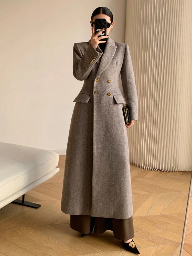 2024 Long Wool Coat Women Elegant Woolen Blazer Jackets Vintage Korean Slim Suit Overcoat Winter Office Lady Casual Outwear