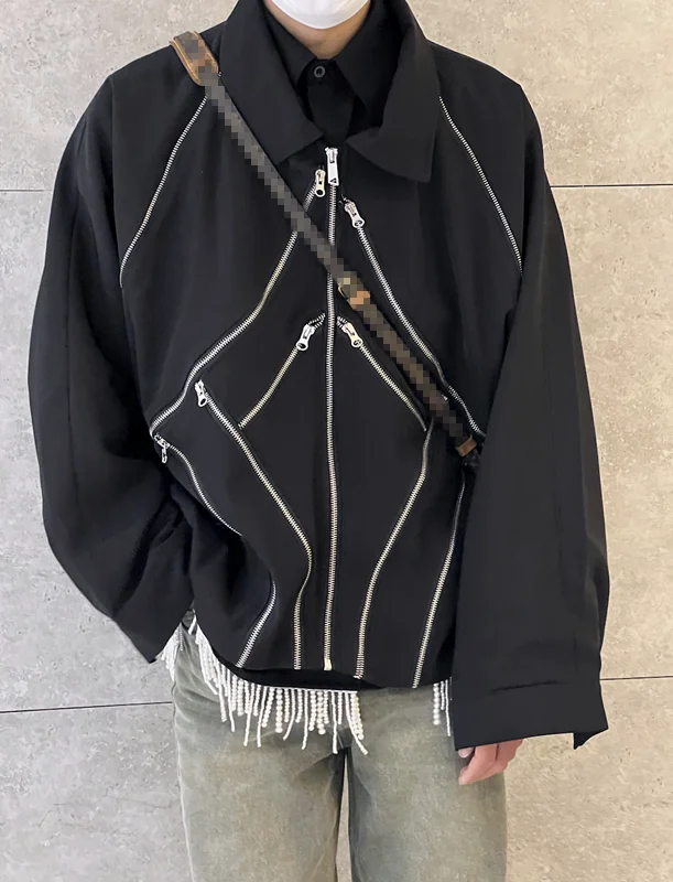 Spring 2023 original design American High street right shoulder jacket top tide niche coat men's and women's loose rap zipper